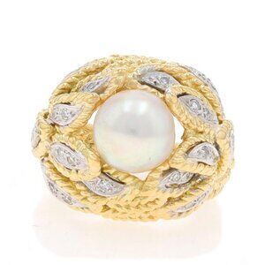 Yellow Gold Akoya Pearl & Diamond Vintage Ring - 18k .24ctw Feathers